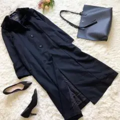 美品✨レリアン【M~L相当】ロングコート カシミヤ アウター リアルファー 黒