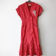 VINTAGE リネン ロング ワンピース 赤　プリーツ