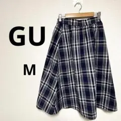 GU ジーユー レディース 膝丈 フレアスカート チェック柄 青 カジュアル M