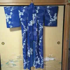 夏着物 単衣 青 花柄 銀糸 小紋 手縫い リメイク