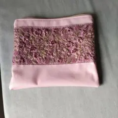 インドリボン刺繍合皮ピンクポーチ