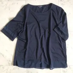 極美品 INDIVI 綿混 袖＆前袖シースルー 半袖 Tシャツ ネイビー M