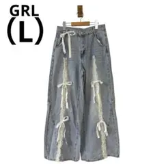 0667 GRLグレイルワイドデニムレースリボンガーリーLサイズ