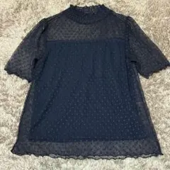 美品 アースミュージックアンドエコロジー 【S】 ドット柄シアブラウス ネイビー