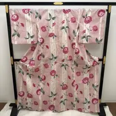 浴衣 裄67.5 綿紅梅 縞に花模様 琉球柄 着物 木綿 RK-6048