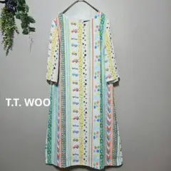 【T.T. WOO】 マルチカラー ひざ丈ワンピース 　42　日本製大きいサイズ