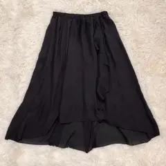 4481 フレアロングスカート L 黒 ウエストゴム 綺麗め シアー ブラック