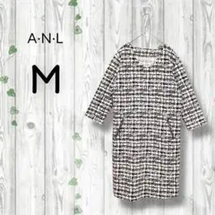 a·n·l　膝丈ワンピース　七分袖　Vネック　総柄チェック　ポケット　ストレッチ