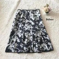花柄フレアスカート　膝丈　15 大きめサイズ　黒灰　Belleza