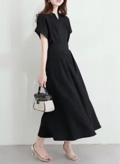 natural couture 涼しげスキッパー衿お上品ワンピース ブラック