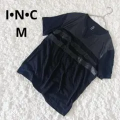 INC Tシャツ　レザーライク　ボーダー　M ブラック　黒