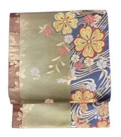 袋帯 六通柄 正絹 縦縞 花文 桜 蝶 イ9288