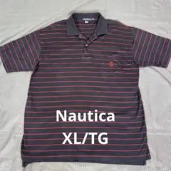 【TJ49】Nautica ボーダー柄ポロシャツ ネイビー×レッド XL/TG