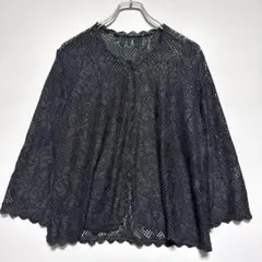 タグ無し　美品！　黒 レース カーディガン 半袖　透け感あり　花柄　フラワー　夏
