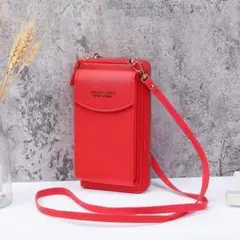 【W12】（レッド）ショルダー 長財布 大容量 レディース ポーチ 縦型