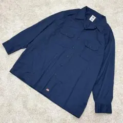 【美品】Dickies 長袖 ワークシャツ（2XL）フェス カジュアル ネイビー