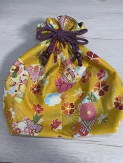 和柄巾着　花柄　扇子　黄色