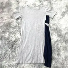 半袖カットソー ワンピース　アシンメトリープリーツ　綿ゆったりTシャツ グレーM