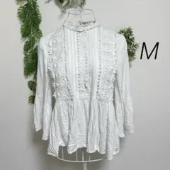 ザラ・長袖ブラウス シャツ M レース装飾付き アイボリー コットン/レーヨン