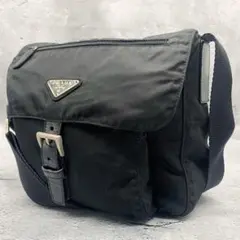 美品✨プラダ ナイロン×レザー フラップ ショルダーバッグ サコッシュ ブラック