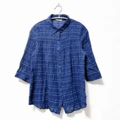 チェックシャツ selectione【M】七分袖 ゆったり ネイビー カジュアル