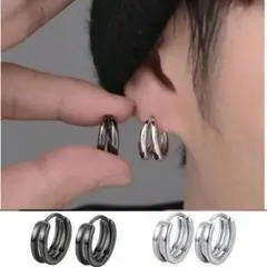 【ブラック】メンズ フープピアス 両耳 シンプル ステンレス アレルギー対応