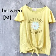 between 【M】イエロー 半袖Tシャツ 結びデザイン フラワー ラメ