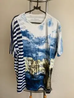 【更にお値下げ】 ADOLFO DOMINGUEZ 青白ストライプ風景画Tシャツ