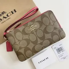 COACH コーチ ダブルジップ シグネチャー ピンク フューシャ ポーチ財布