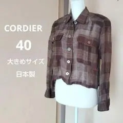 日本製 リネン混 ブラウン チェック柄 クロップドシャツ