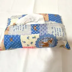 3222】ハンドメイド★ブルー系パッチワーク風地にバンビ★ソフトティッシュカバー