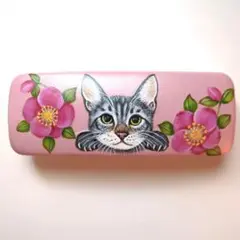 トールペイント作品　猫のイラスト メガネケース ピンク