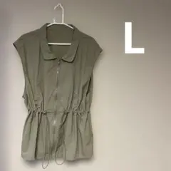 カーキ ジップアップ ミリタリージャケット　ノースリーブ　L