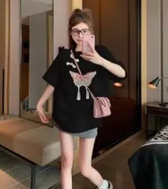 【フォロー割】ブラック　レディース　ＸＬ　蝶　プリント