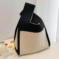 ミニトートバッグ モノクロ バイカラー ニット ハンドバッグ エコバッグ 韓国