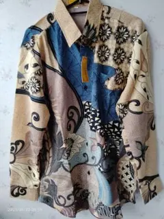 Batik バティック シャツ - ブルー＆ブラウン(XL-長袖)