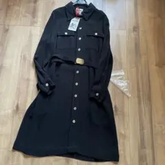 新品　セミクチュール　ロングシャツワンピース　黒　ゴールドボタン　ベルト付き
