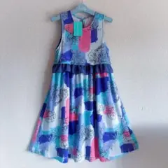 未使用 hakka kids 花柄 フレアワンピース ブルー 130
