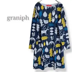 美品graniph グラニフ　アニマル　動物柄　ワンピース　ひざ丈　総柄　秋冬