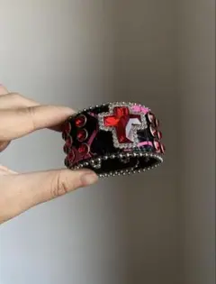 y2k クロスレザーバングル 黒 ピンクダイヤ　punk風　平成ギャル　00s