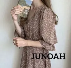 JUNOAH 花柄ボリュームスリーブマキシ丈ワンピース ブラウン
