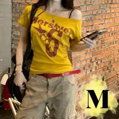 y2k グランジ　ロゴtシャツ ピチt　平成ギャル　イエロー　肩出し　Mサイズ