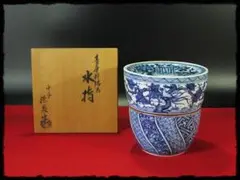 平安 西村徳泉 京焼 染付捻 菓子器 共箱 茶道具 平安 西村徳泉（造）捻梅染付松竹梅文水指 誂え蓋付 共箱 茶道具