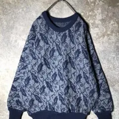 【ヴィンテージ】花柄 ドルマンスリーブニット ブルー 古着 AS120