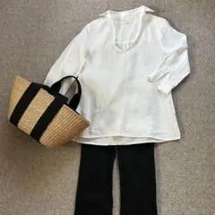 【美品】リネン ホワイト 五分袖 七分袖 麻 スキッパーシャツ