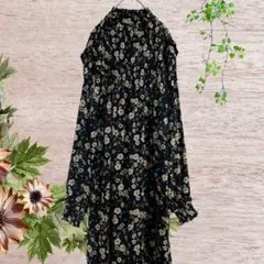 vintage ヴィンテージ ロングワンピース 花柄 総柄 黒 フリーサイズ
