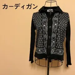 【レディース】襟付きボタンカーディガン/デザイン/柄/黒/ブラック
