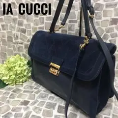 イアクッチ レザー×スエード 2way ショルダーバック ハンドバック ネイビー