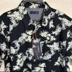 LL 和柄 龍x桜 紺 綿100% ラウンド アロハシャツ 新品未使用タグ付き