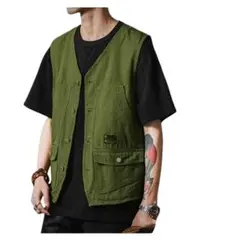 新品/匿名/メンズ アウトドアベスト 前開きVネック ボタン留め 大ポケットM位